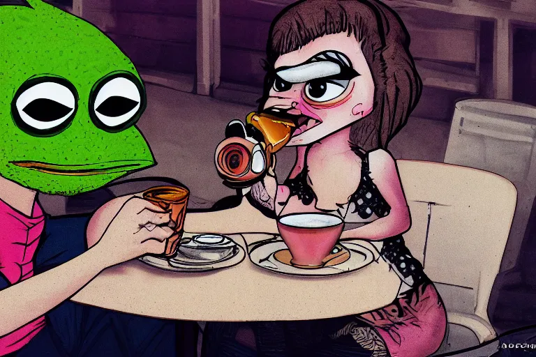 Prompt: studio photo!!! of a punk girl on a date with pepe! the frog! drinking coffee, highly detailed, 8 k, natural lighting