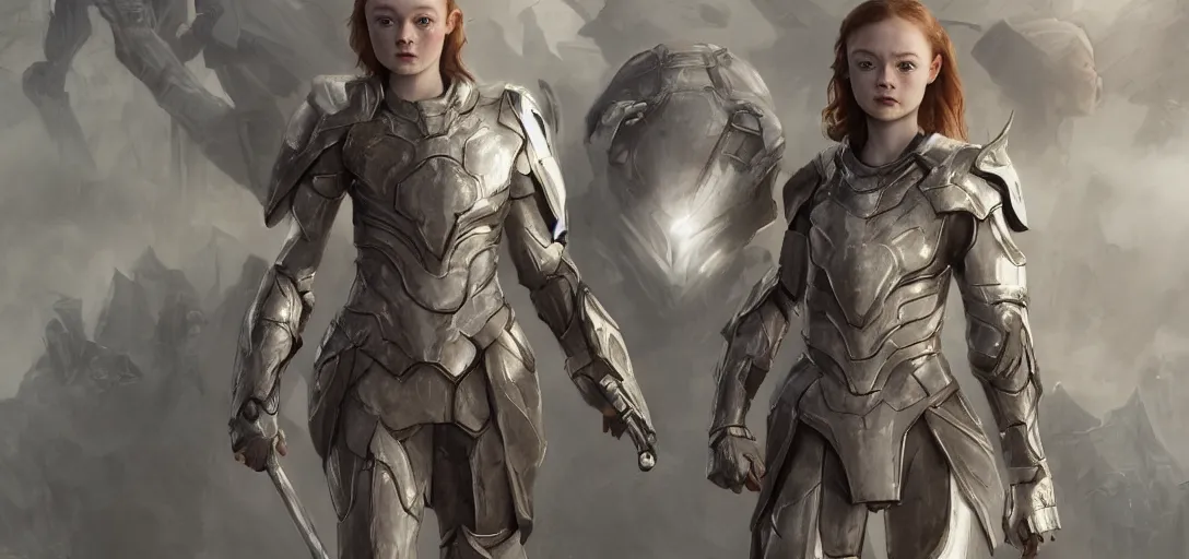 Image similar to character sheet concept art of sadie sink in white mjolnir halo armor, realistic, hyperrealistic, photographic, costume, wlop, dan mumford, greg rutkowski, high detail, octane render, alexander mcqueen, james gurney, james jean, mucha, photo, 8 k, intricate