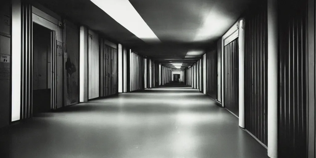 Prompt: noisy color photograph of a retrofuturist liminal space, hallways, minimalist, cinematic, soft vintage glow
