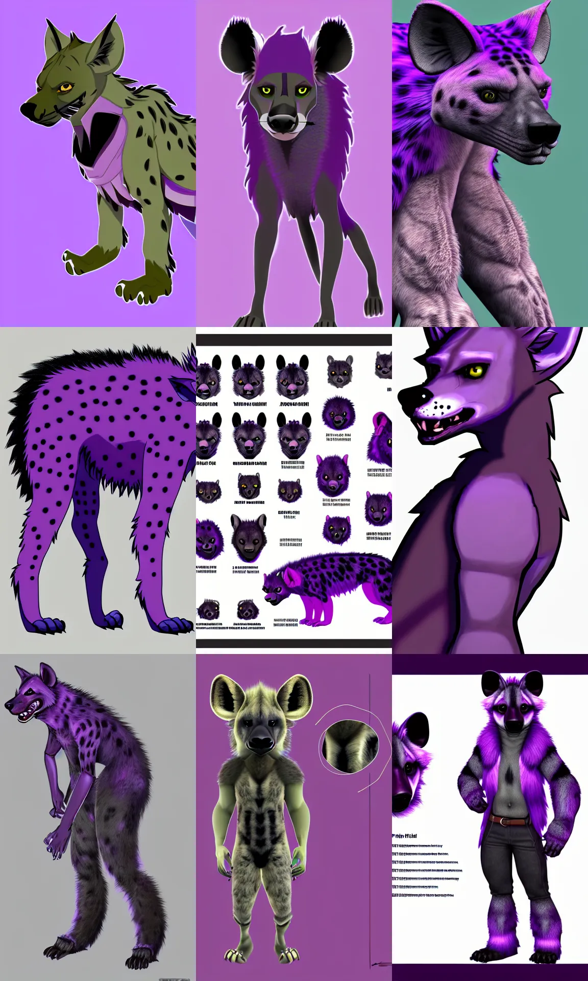 Prompt: a front - perspective furry reference sheet, a male hyena fursona, purple and black color scheme, trending on weasyl, high - resolution, photorealistic