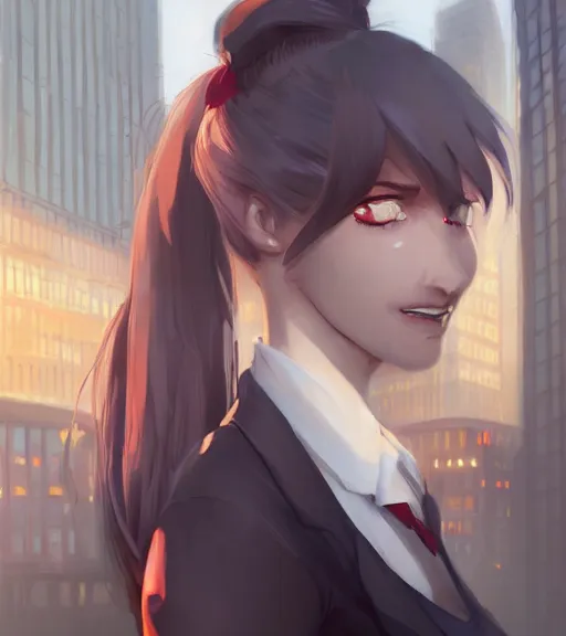 Prompt: a girl in a business, close up, sharp focus, red necktie, grey hair, serious expression, city background, digital painting, by tran ross and jordan grimmer and greg rutkowski, anime art, artstation, hd, smooth,