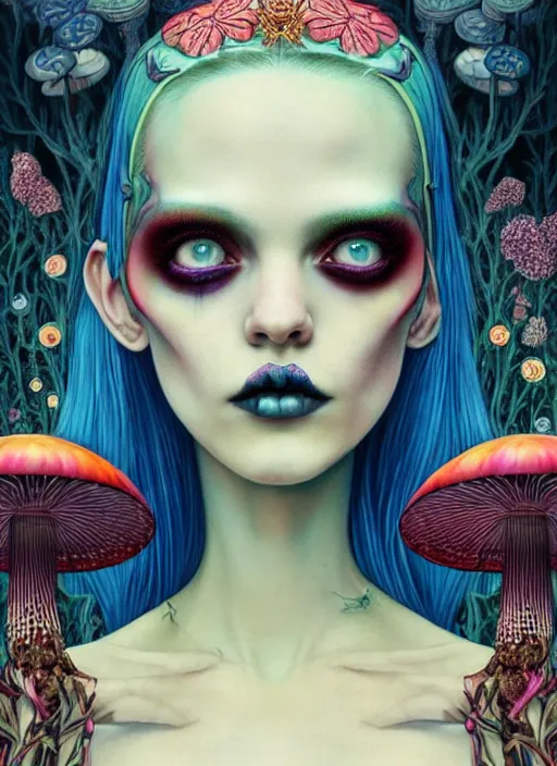 Image similar to pretty goth model with hallucination mushroom : : by martine johanna and simon stalenhag and chie yoshii and casey weldon and wlop : : ornate, dynamic, particulate, rich colors, intricate, elegant, highly detailed, vogue, harper's bazaar art, fashion magazine, smooth, sharp focus, 8 k, octane render,