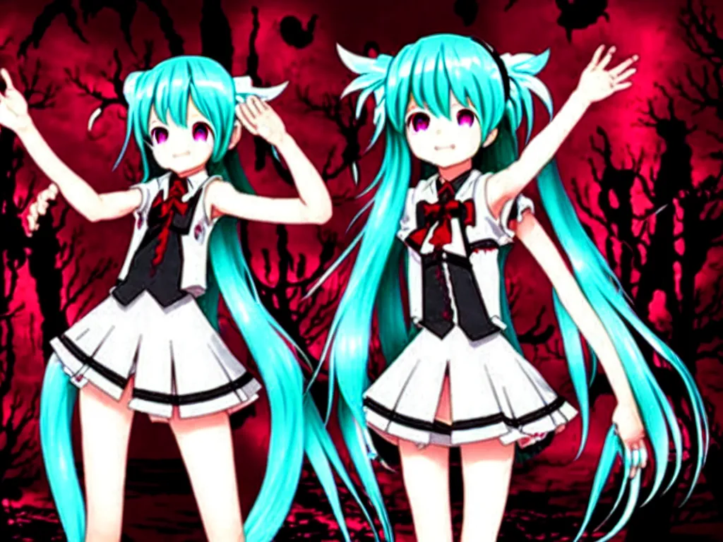 Prompt: hatsune miku in a dark red dungeon surrounded by monsters, chains and devilish creatures sardonic dark atmosphere detailed scary horror