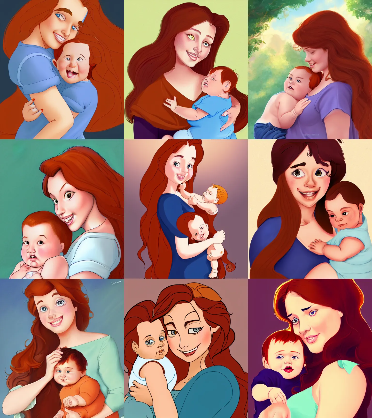 Prompt: auburn slightly red shoulder length haired woman with a chubby face with her infant baby boy full color digital illustration in the style of don bluth, artgerm, artstation trending, 4 k