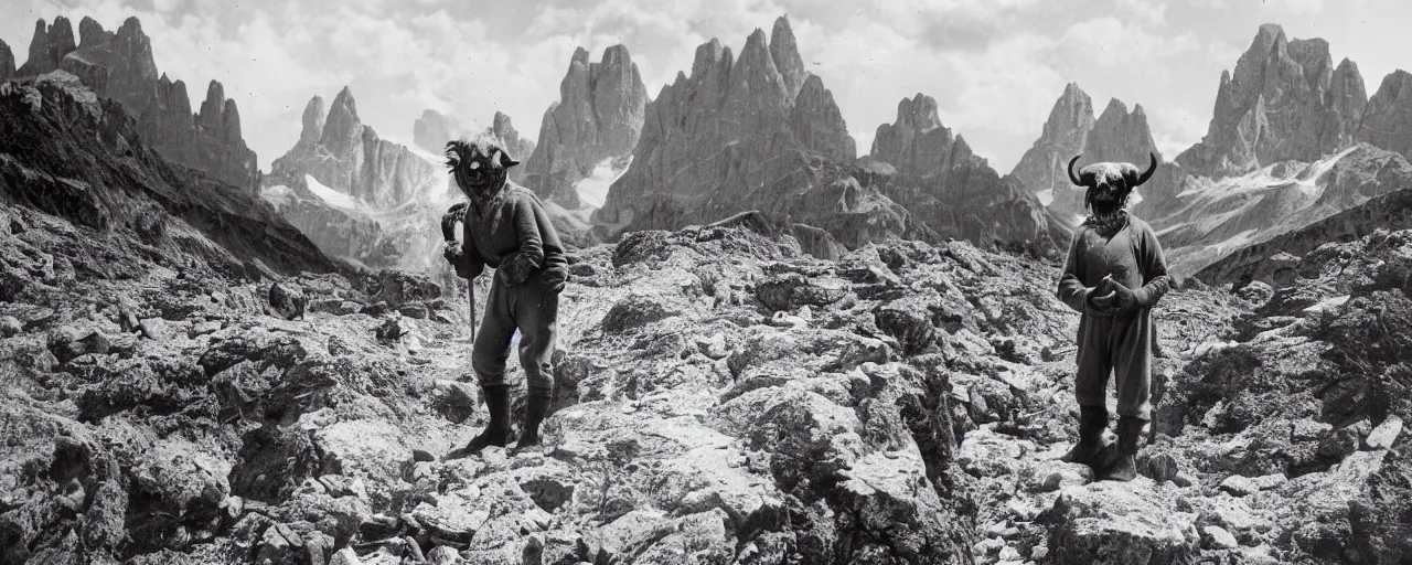 Image similar to historical photograph of an old alpine farmer from behind turning into a grotesque monster with goathorns and roots growing from his face, standing in the dolomites, full body, whole body, edelweiss growing from head