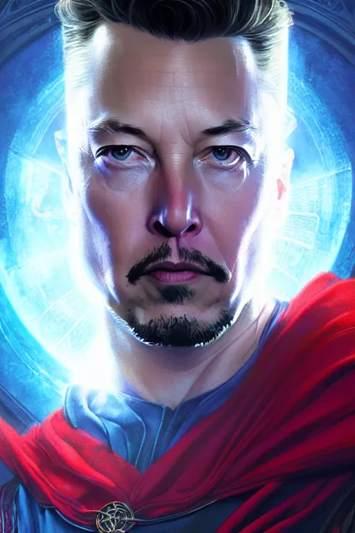 Image similar to elon musk as dr strange, realistic portrait, symmetrical, highly detailed, digital painting, artstation, concept art, smooth, sharp focus, illustration, cinematic lighting, art by artgerm and greg rutkowski and alphonse mucha