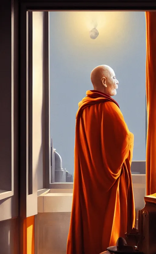 Image similar to portrait of an old monk, spaceship window, planet, orange robe, dramatic lighting, artstation, matte painting, johannes vermeer