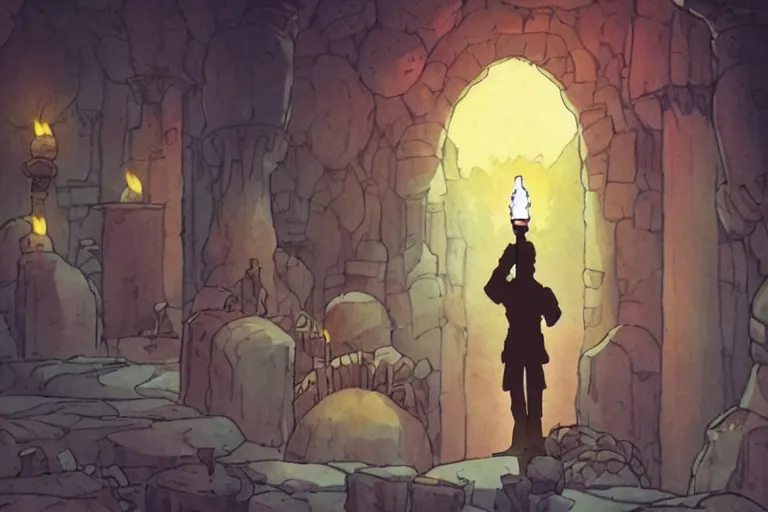 Image similar to a bearded man holds a torch and explores a Dungeon, luminous, Studio Ghibli