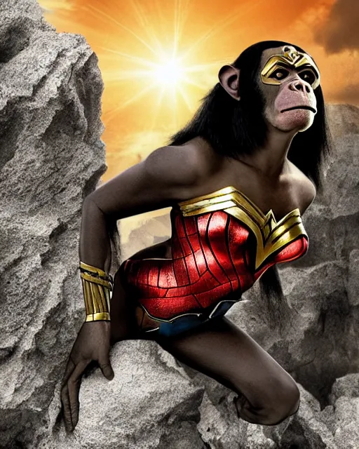 Image similar to photo of a Chimpanzee dressed as Wonder Woman standing in Superman’s Crystalline fortress of Solitude. Photography in the style of National Geographic, photorealistic