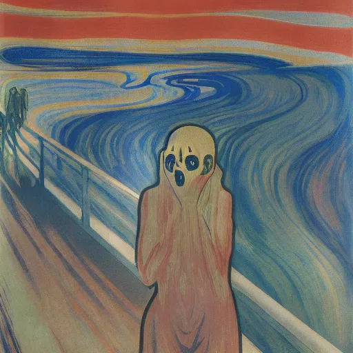 Prompt: the munch scream on a beach during a thunderstorm, poster art by mucha