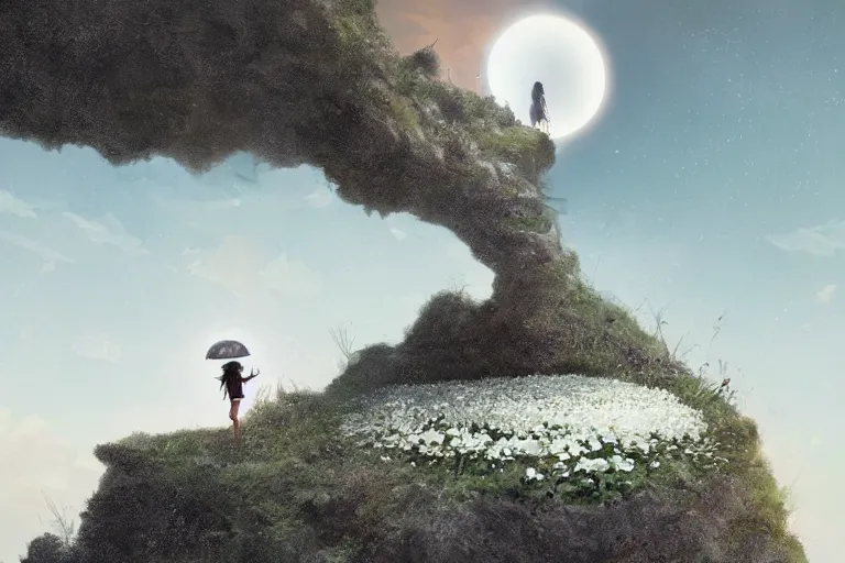 Image similar to giant white daisy flower under the head, girl walking on cliff, surreal photography, solar eclipse, milky way, dramatic light, impressionist painting, clouds, digital painting, artstation, james gilleard, liam wong, jeremy mann, simon stalenhag