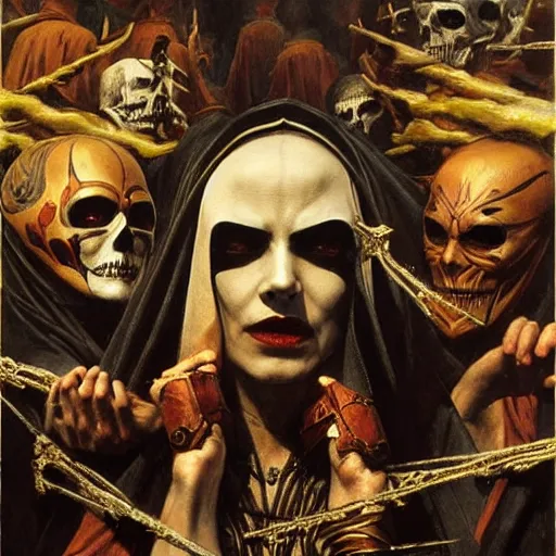 Image similar to dante's inferno, with people in black hooded tunic like in the film eyes wide shut of stanley kubrick, illuminati symbol, crows, skeletons, crosses, dark beauty, rotten gold, perfect faces, extremely detailed. highly detailed painting by gaston bussiere and j. c. leyendecker 8 k