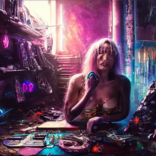 Prompt: cyberpunk sorceress in her lair, hyper realistic, 8 k, oil painting,