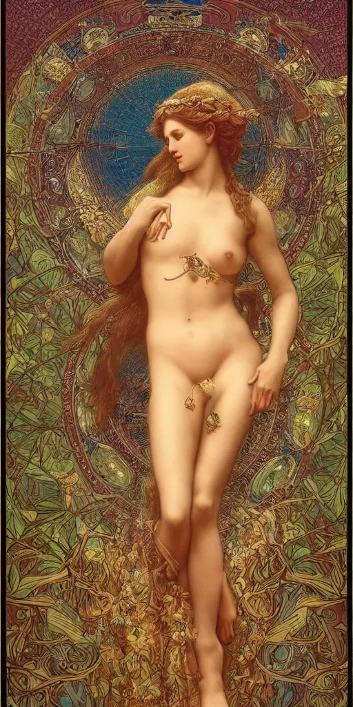 Prompt: aphrodite in paradiso. sacred geometry. clouds. sun rays. bliss. enlightenment. ascension . Gustave Doré. dappled light. cinematic lighting. in the art style of Mucha