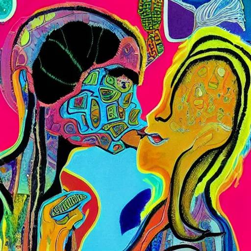 Prompt: beautiful painting of two bizarre psychedelic women kissing each other closeup in an aquarium in japan, speculative evolution, mixed media collage by basquiat and alex grey, magazine collage art, sapphic art, lesbian art