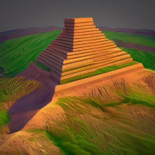 Image similar to a beautiful landscape of a ziggurat, 3 d, rendered in unreal engine, vivid colors, 4 k, trending on artstation