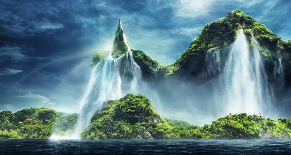 Prompt: A magnificent floating island in the sky above the sea, defying gravity, floating and flying island, waterfall falling down, epic lighting, epic composition, highly detailed