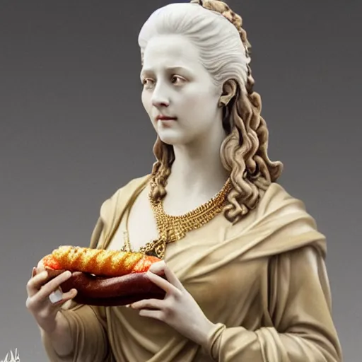 Image similar to beautiful lifelike award winning marble statue bust of dronning magrethe eating a hotdog trending on art station artgerm greg rutkowski alphonse mucha museum quality cinematic atmospheric