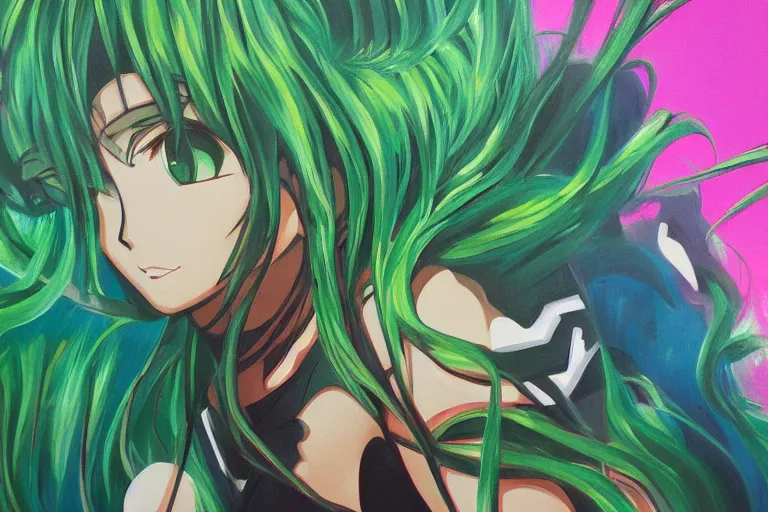 Image similar to oil painting of anime posters on a green wall, green overtones, highly detailed, stylized, abstract