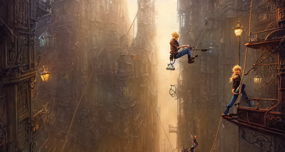 Image similar to landscape painting of a blonde boy thief in leathers using a rope to climb a tall metal steampunk buildings within a fantasy city with bridges, fine details, andreas rocha, magali villeneuve, artgerm, rutkowski