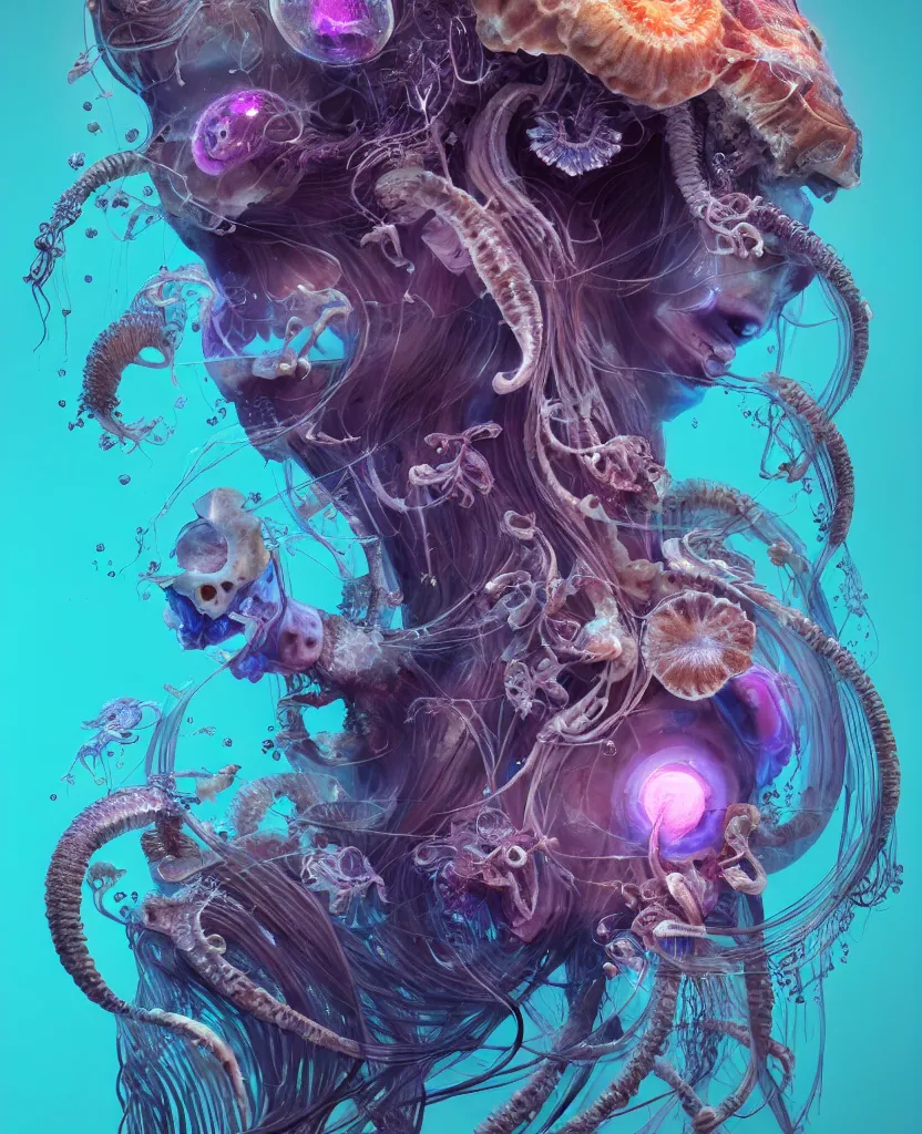 Image similar to goddess close-up portrait ram skull, thorax, x-ray, backbone, jellyfish phoenix head, nautilus, orchid, skull, betta fish, bioluminiscent creatures, intricate artwork by Tooth Wu and wlop and beeple. octane render, trending on artstation, greg rutkowski very coherent symmetrical artwork. cinematic, hyper realism, high detail, octane render, 8k