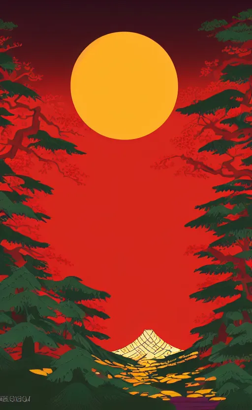 Prompt: hanafuda, a big red charm is floating above a forest of japanese pines, a big red sun in the background, front game card, vector line art, trending on artstation, concept art, stunning, matte