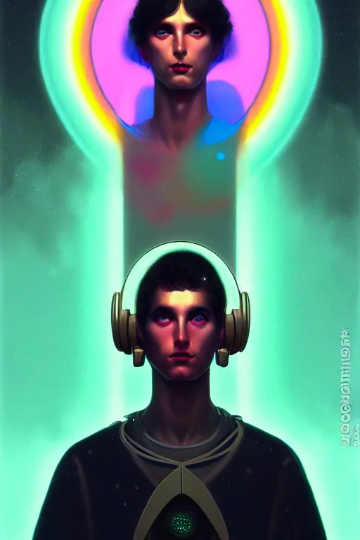 Prompt: male patron saint of 🛸🌈, futuristic clothing, neon god of city character portrait, in the style of moebius, tom bagshaw, and waterhouse, cinematic lighting, beautiful, elegant, oil painting,