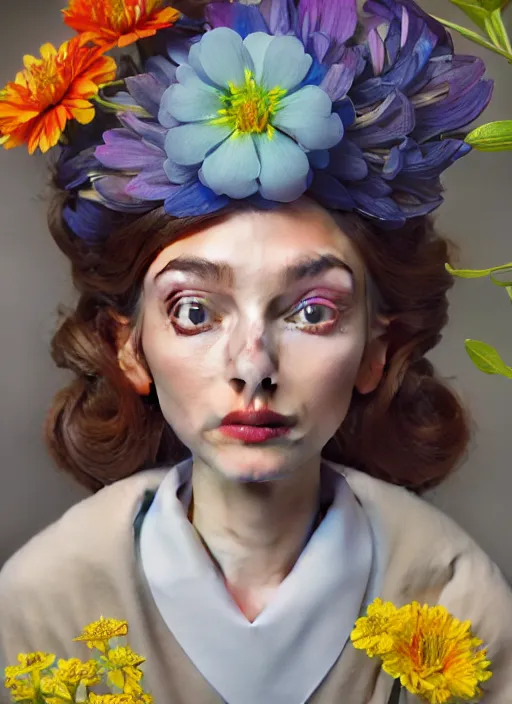 Prompt: an anthropomorphic beautiful female scientist portrait holding a flowers wearing colourful robe, fine art, award winning, intricate, elegant, sharp focus, octane render, hyperrealistic, wizard hat cinematic lighting, highly detailed, digital painting, 8 k concept art, art by jamie hewlett and z. w. gu, masterpiece, trending on artstation, 8 k