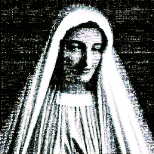 Image similar to vhs static overlay of marian apparition, vhs, 1 9 9 0, highly realistic, highly detailed, vhs noise static, black and white, vhs glitch