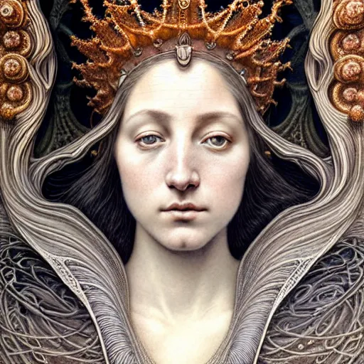 Image similar to detailed realistic beautiful young medieval queen face portrait by jean delville, gustave dore, iris van herpen and marco mazzoni, art forms of nature by ernst haeckel, art nouveau, symbolist, visionary, gothic, neo - gothic, pre - raphaelite, fractal lace, ai biodiversity, surreality, intricate hyper detailed ultra sharp octane render