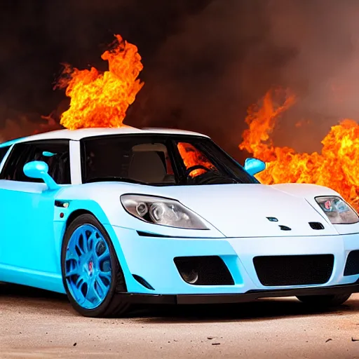 Image similar to Baby Blue Noble M600 set on fire in a ghetto, neon white lighting, 8k UHD, studio photography, high quality, high detail, stunning lighting