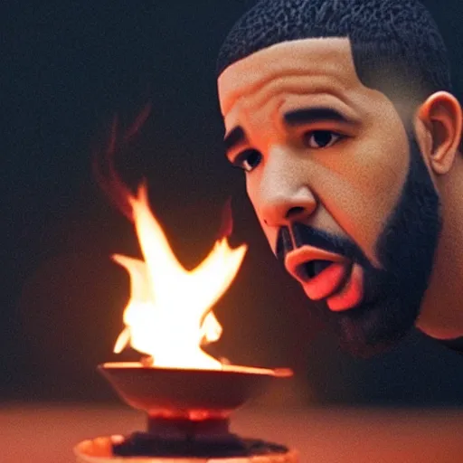 Image similar to cinematic film still of Drake starring as a Japanese Sensei with fire, Japanese CGI, VFX, 2022, 40mm lens, shallow depth of field, film photography