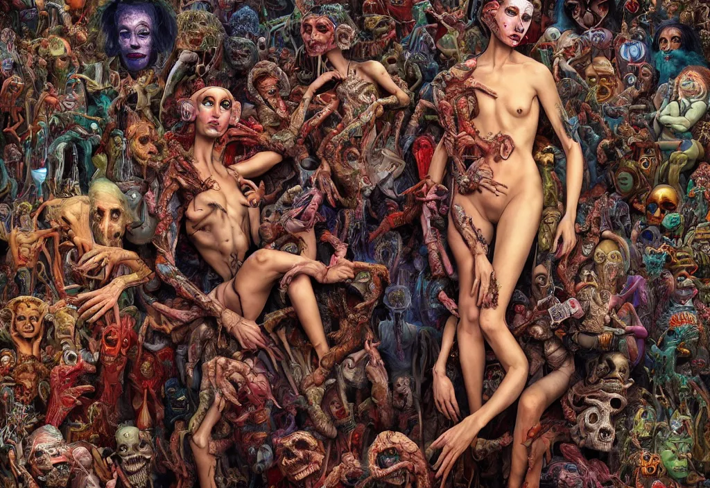 Image similar to 35mm color, humans enslaved by artificial intelligence, portrait, fashion shoot, freak show, weird, random, strange, hyper detailed, photorealistic, interesting, by David la chapelle and karol bak and david cronenberg and WETA digital, art by Ivan Bilibin, Dariusz Zawadzki , ID magazine, octane rendering, cinematic, hyperrealism, octane rendering, 8k, depth of field, bokeh.