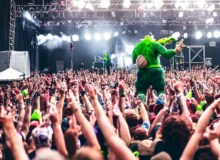 Image similar to photo still of shrek at the vans warped tour 2 0 1 8!!!!!!!! at age 3 6 years old 3 6 years of age!!!!!!!! getting lit in the pit, 8 k, 8 5 mm f 1. 8, studio lighting, rim light, right side key light