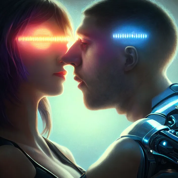 Prompt: ultra realistic medium shot of couple cyborgs male and female kiss, lovers, cyberpunk, sci - fi, fantasy, kodak, colour led, soft light, volumetric lighting, night, intricate, istock, highly detailed, digital painting, concept art, smooth, sharp focus, illustration, art by artgerm and greg rutkowski and alphonse mucha