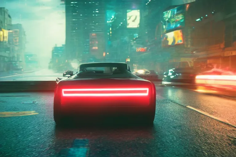 Prompt: a cinematic photograph of jesus driving through a dystopian city street whilst neon lightening strikes on the car, rain falls, ultra realistic, high definition