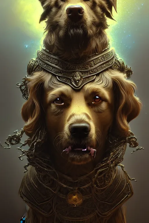 Prompt: dog as a god with flowing hair and blue eyes, very detailed face, detailed features, fantasy, circuitry, explosion, dramatic, intricate, elegant, highly detailed, digital painting, artstation, concept art, smooth, sharp focus, illustration, art by gustave dore, octane render, mucha,