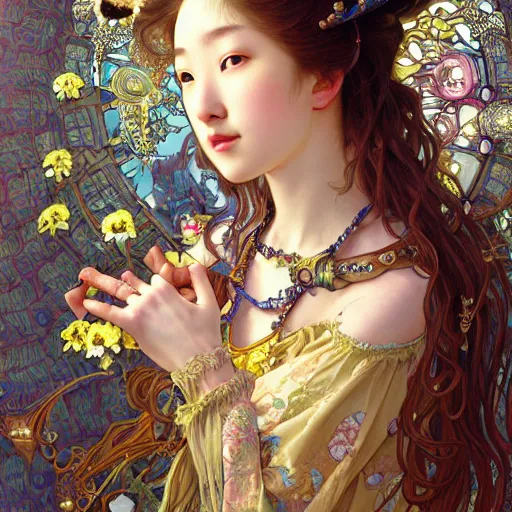 Prompt: a masterpiece ultrarealistic ultradetailed portrait of beautiful love jewelry mecha genius witch girl on fruits street market baroque renaissance. medium shot, intricate, elegant, by stanley artgerm lau, wlop, alphonse mucha, rossdraws, andrei riabovitchev, yoshitaka amano. flower background my james jeand and takashi murakami.