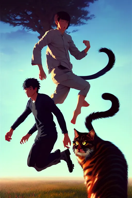 Image similar to a ultradetailed beautiful panting of a man chased by a giant cat, a very scary photo, by ilya kuvshinov, greg rutkowski and makoto shinkai, trending on artstation