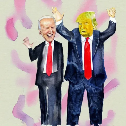 Prompt: donald trump and joe biden at a pyjama party, watercolor