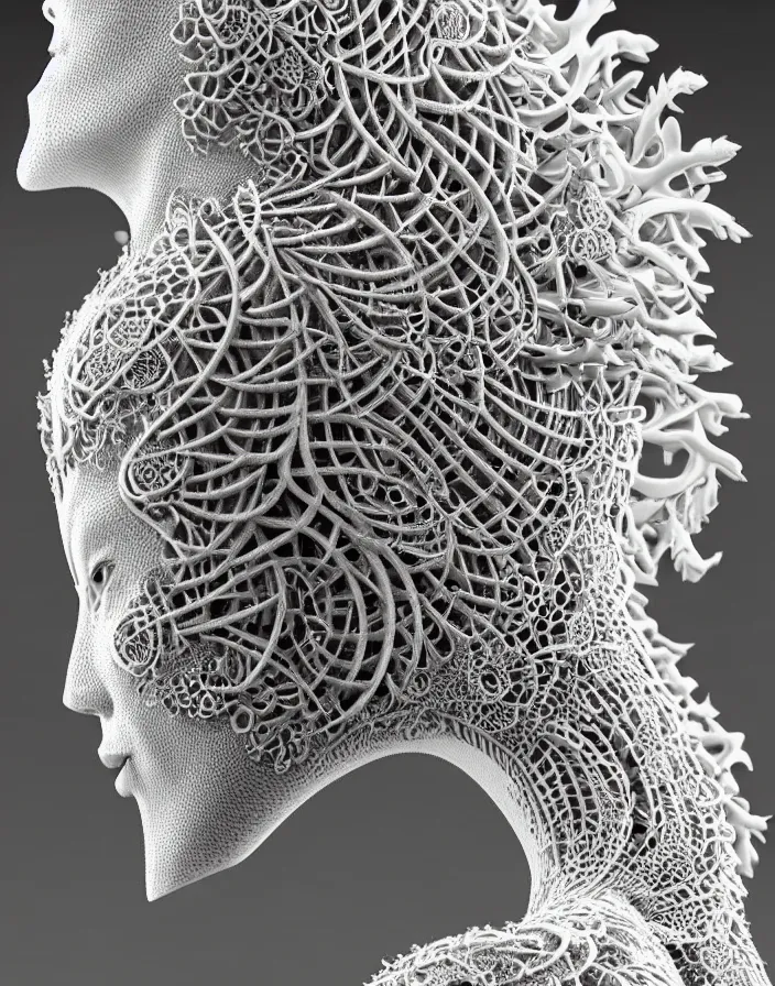 Prompt: bw close - up profile face, beautiful young porcelain intricate bio - mechanical vegetal - dragon - cyborg - female, white metallic armour, white peacock feathers, roots, fine mandelbrot fractal lace, 1 5 0 mm, soft rim light, elegant, hyper real, ultra detailed, octane render, hg giger, 1 6 k