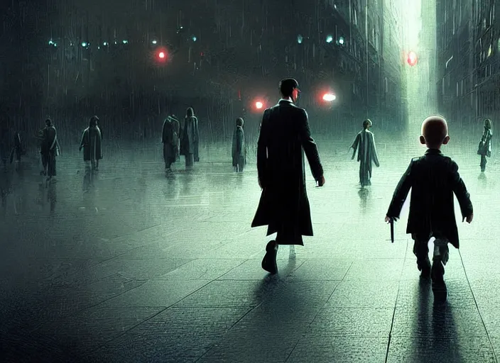 Prompt: agent smith helping small children cross the street in the matrix. digital painting. greg rutkowski. fantasy artwork.