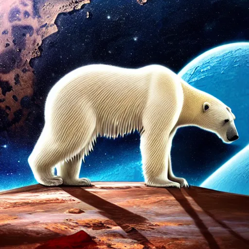 Image similar to polar bear on iceberg in mars, outer space, planet mars, photorealistic, high resolution,, trending on deviantart, hdr, hyper detailed, insane details, intricate, elite, ornate, dramatic lighting