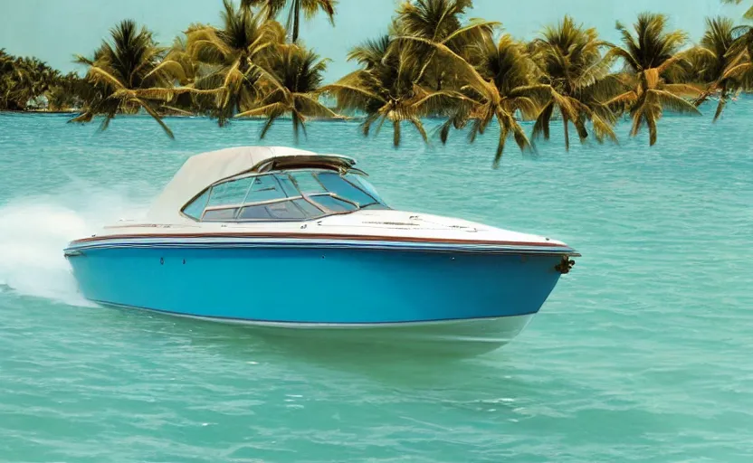 Prompt: photorealistic picture of a scarab 3 8 kv boat driving in turquoise water. miami. 8 0's style