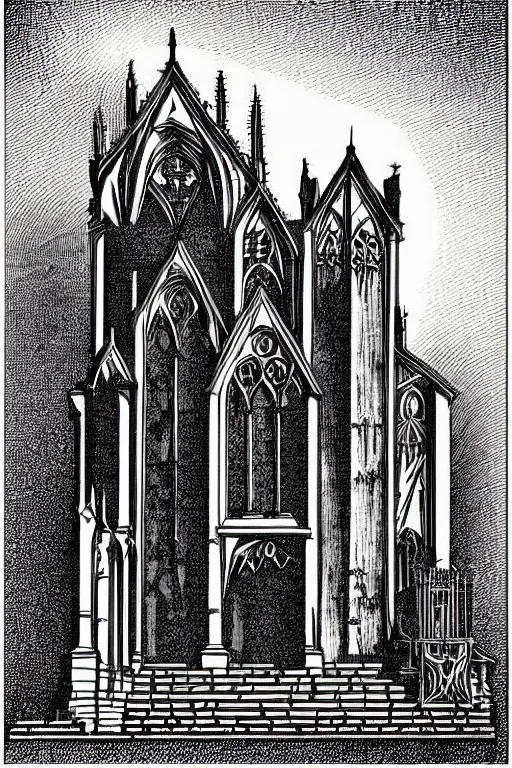 Prompt: realistic gothic library, art by james o barr and albrecht durer, engraving, black and white, vector, vector art