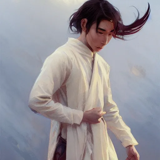 Prompt: xie lian didn't know wether to laugh or cry, smooth, elegant, boy, artgem, artstation, by greg rutkowski and alphonse mucha