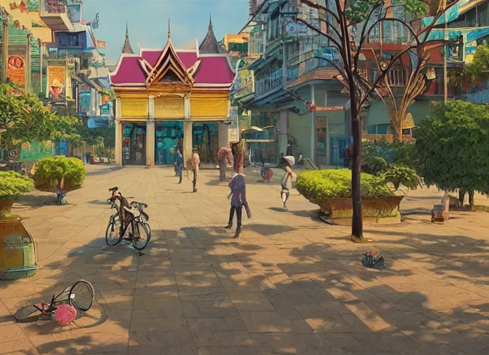 Prompt: bangkok townsquare, deserted, summer morning, very coherent and colorful high contrast, art by gediminas pranckevicius, geof darrow, makoto shinkai, dark shadows, hard lighting