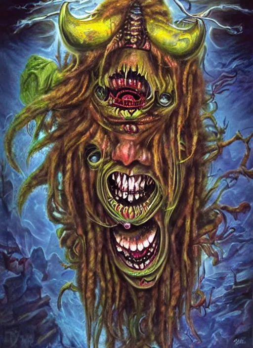 Prompt: a grotesque cyborg demon with dreadlocks telling a joke, airbrush art, shamanic horror lsd art, by basuki abdullah