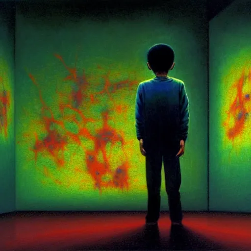 Image similar to 8k professional photo of an 8 years old enlightened and scared boy standing in front of an old computer from 90s with a game doom2 at the monitor screen in a vr vaporwave space, Beksinski impasto painting, part by Adrian Ghenie and Gerhard Richter. art by Takato Yamamoto, masterpiece. still from a movie by Gaspar Noe and James Cameron