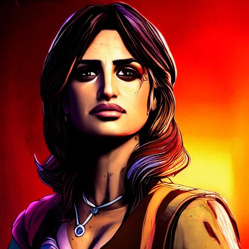 Image similar to penelope cruz portrait, borderlands, tales from the borderlands, the wolf among us, comic, cinematic lighting, studio quality, 8 k